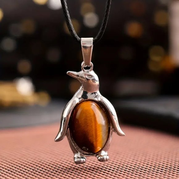 Tiger Eye Natural Stone Penguin Shaped Pendant Necklace Healing Gemstone Pendant - Picture 2 of 2